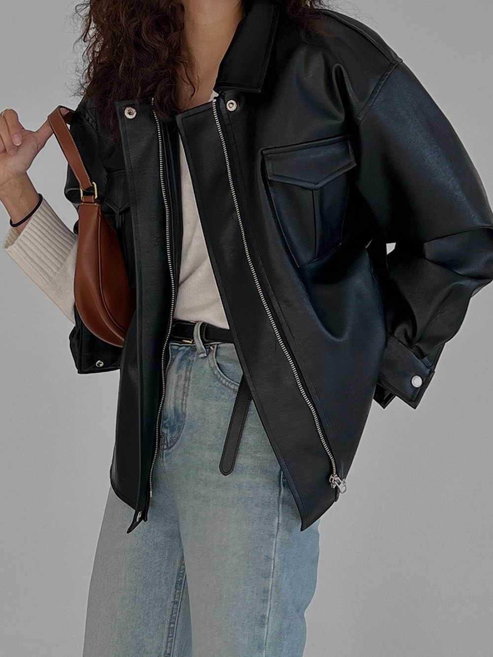 [BY FMNQ]포켓 하프 레더 재킷 (2color)